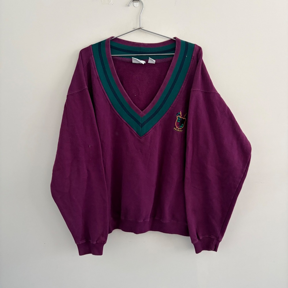 Vintage Dockers V-Neck Sweatshirt Purple Large Embroidered Crest